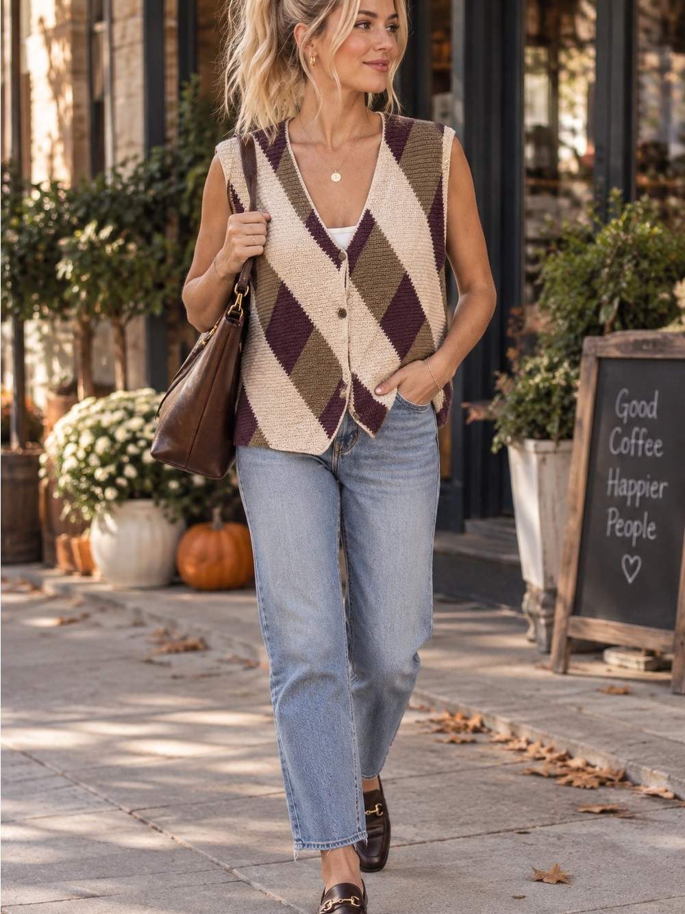 Vintage Christoper Banks Argyle Knit Button-Front Vest in Beige, Olive & Plum